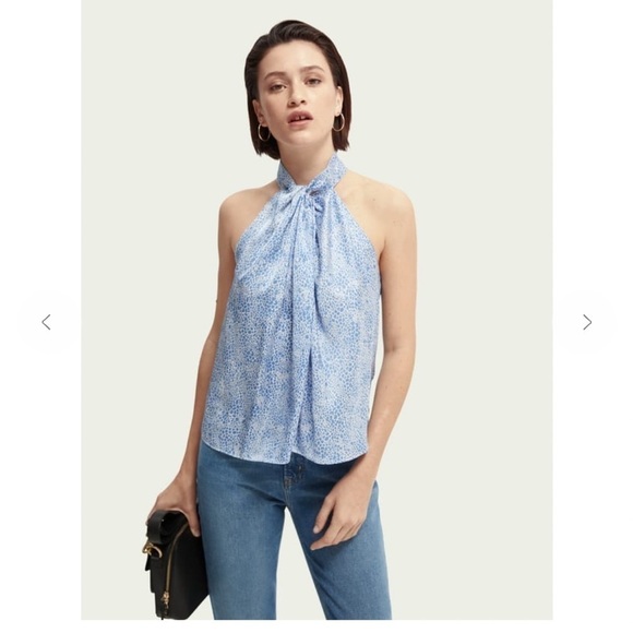 Anthro SCOTCH and SODA Shirt Reptilian Print Knotted Halter Neck Top Blue White - Picture 1 of 14